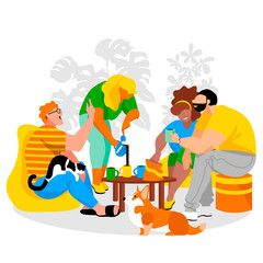 Naklejka premium people communicate. friends. people are celebrating. tableful. vector image of people and Pets. family