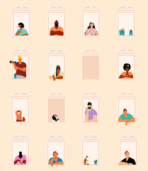 people in the Windows. people of different races. neighbors. stay at home. people and animals