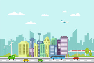 smart city in the future smart transportation skyscrapers and eco energy illustration design