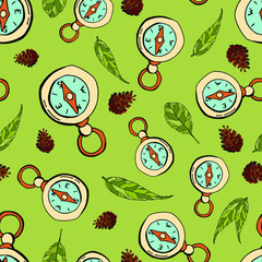 Seamless pattern of compass, cones and leaves. Cartoon style. Stock illustration. Design for wallpaper, fabric, textile, packaging, website.