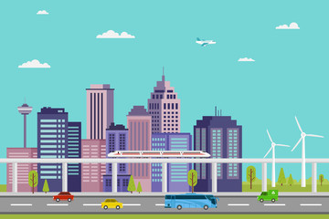 Obraz premium illustration of fast trains and electric cars in a smart city and eco energy vector design