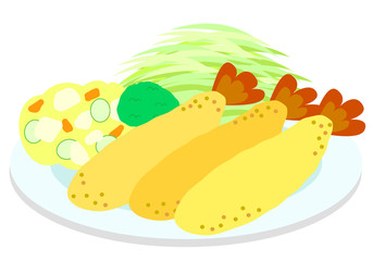 エビフライとポテトサラダの付け合わせのイラスト