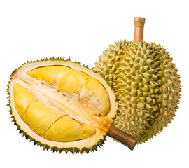 Durian King of fruits, Durian fruit with delicious golden yellow soft flesh, Durian isolated on white background,