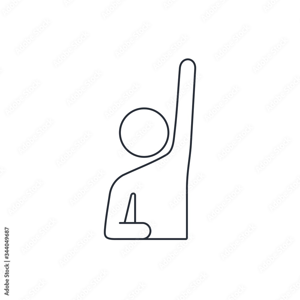 Poster man hand up. ask a question. attract attention. vector linear icon on a white background.