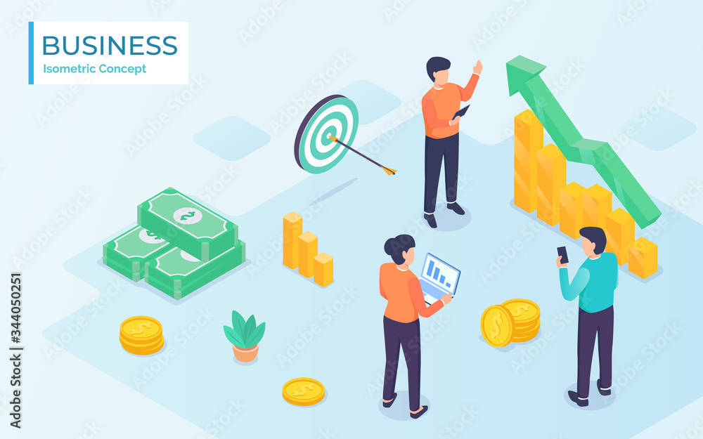 Poster business team analysis with graph and chart and money with modern isometric style