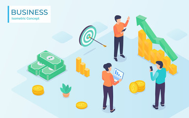 business team analysis with graph and chart and money with modern isometric style