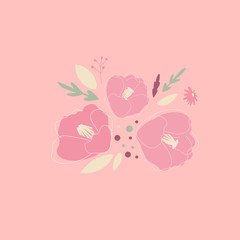 Bouquet of Japanese Camellia flowers. Asian flowers and branches are drawn on an isolated pink background in a doodle style. Decorative element of vector design. Cute cartoon illustration.