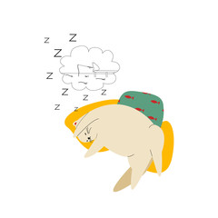 Cartoon fat short haired cat sleeps sweetly on colored pillows. A cute pet is napping and dreaming. Vector illustration isolated on a white background.