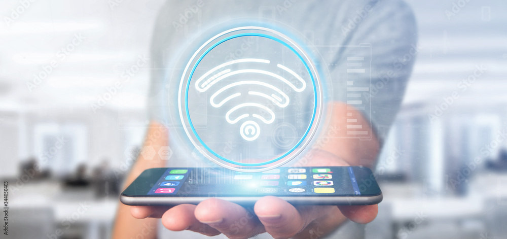 Poster businessman holding wifi icon with stats and binary code 3d rendering
