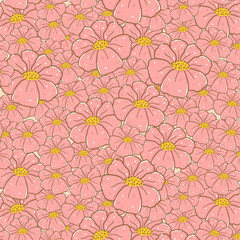 cute pink flowers doodle drawing pattern seamless background