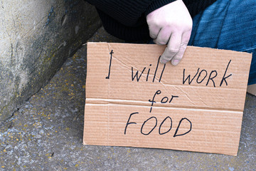 unemployed man sitting on the ground holding the cardboard sign saying i will work for food