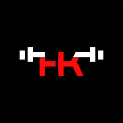 Minimal abstract letter HK gym logo with dumbbell or barbell. Creative design graphic template in red and white color. Isolated in black background with flat style. Can be used for gym and fitness.