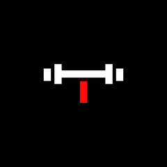 Obraz premium Minimal abstract letter T gym logo with dumbbell or barbell. Creative design graphic template in red and white color. Isolated in black background with flat style. Can be used for gym and fitness.