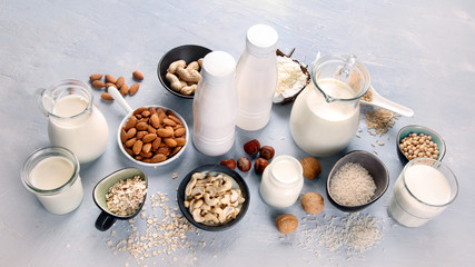Various vegan plant based milk and ingredients.