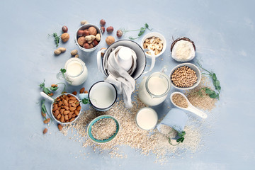 Various vegan plant based milk and ingredients.