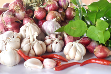 Garlic, Red Onion, Kaffir lime leaf, Thai food ingredient cuisine on white background