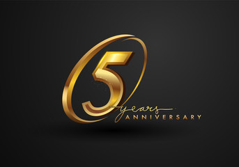 5 Years Anniversary Celebration. Anniversary logo with ring and elegance golden color isolated on black background, vector design for celebration, invitation card, and greeting card.