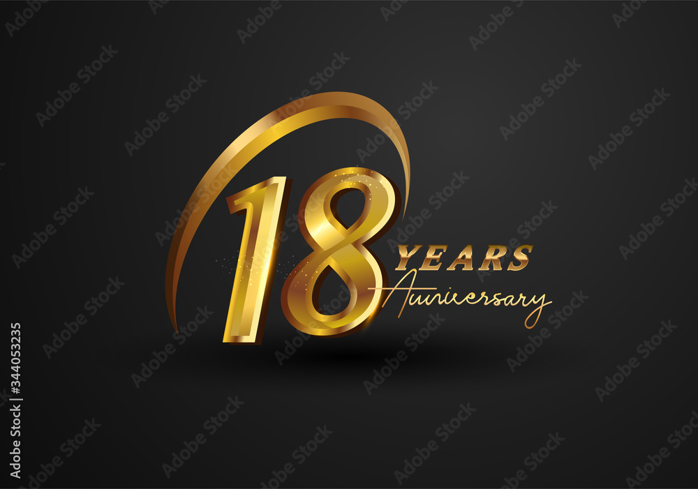 Wall mural 18 Years Anniversary Celebration. Anniversary logo with ring and elegance golden color isolated on black background, vector design for celebration, invitation card, and greeting card. - Wall murals