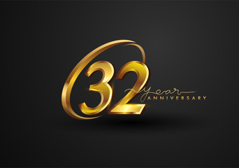 32 Years Anniversary Celebration. Anniversary logo with ring and elegance golden color isolated on black background, vector design for celebration, invitation card, and greeting card.