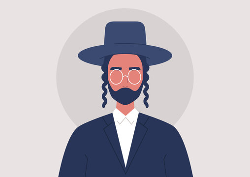 A portrait of a young orthodox jewish man wearing traditional hat and clothes