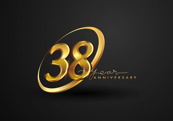 38 Years Anniversary Celebration. Anniversary logo with ring and elegance golden color isolated on black background, vector design for celebration, invitation card, and greeting card.