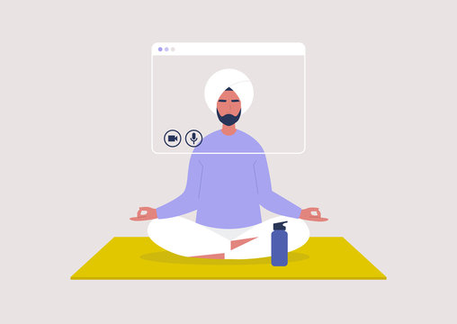 Online yoga lesson, meditation tutorial, stay at home order, young indian male character sitting in a yoga position