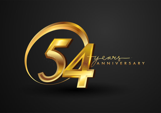 54 Years Anniversary Celebration. Anniversary logo with ring and elegance golden color isolated on black background, vector design for celebration, invitation card, and greeting card.
