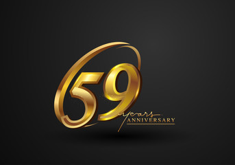 59 Years Anniversary Celebration. Anniversary logo with ring and elegance golden color isolated on black background, vector design for celebration, invitation card, and greeting card.