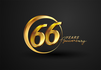 66 Years Anniversary Celebration. Anniversary logo with ring and elegance golden color isolated on black background, vector design for celebration, invitation card, and greeting card.