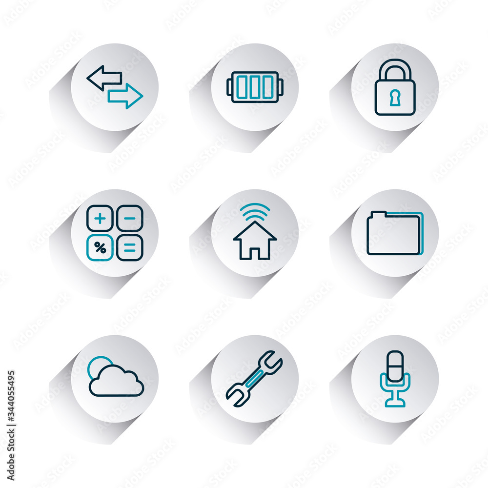 Poster padlock and smartphone app buttons icon set, line gradient style