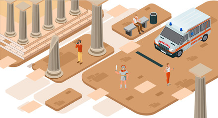 Travel to Italy Rome Colosseum and Roma trip application concept. Isometric 3d Roma street with people. Stock isometric vector illustration. 
