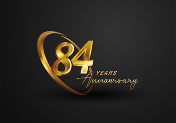 84 Years Anniversary Celebration. Anniversary logo with ring and elegance golden color isolated on black background, vector design for celebration, invitation card, and greeting card.