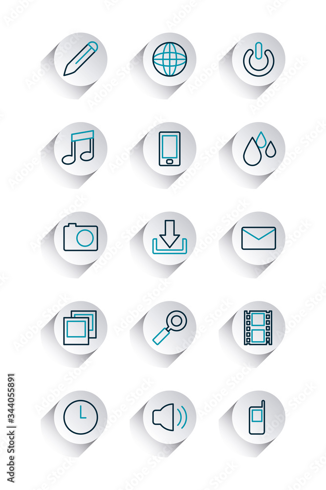 Poster global sphere and smartphone app buttons icon set, line gradient style