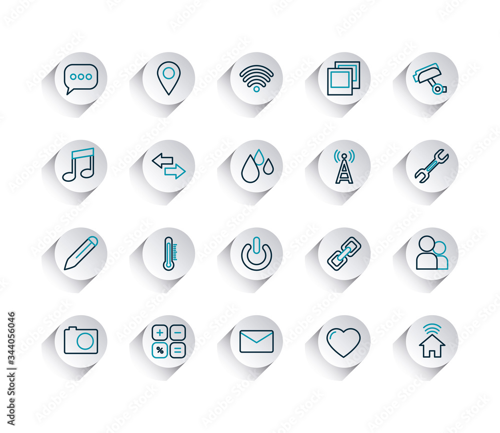 Poster speech bubble and smartphone app buttons icon set, line gradient style