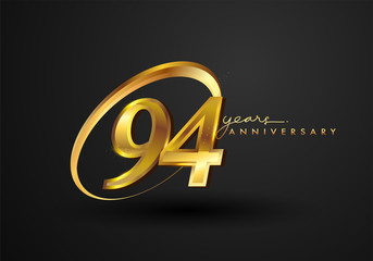 94 Years Anniversary Celebration. Anniversary logo with ring and elegance golden color isolated on black background, vector design for celebration, invitation card, and greeting card.