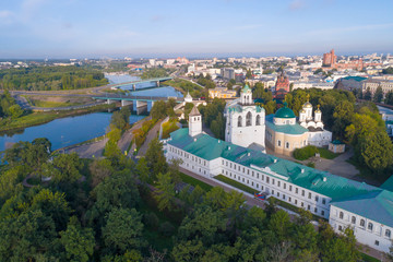 July morning at the Spaso-Preobrazhensky monastery (shooting from a quadrocopter). Golden Ring of Russia, Yaroslavl