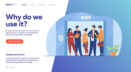 Employees using office building lift. Business people standing inside elevator cabin with open doors. Vector illustration for architecture, business interior, urban style concept © SurfupVector