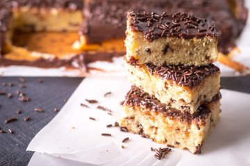 Pedaços de Bolo Formigueiro com Cobertura de Chocolate ao Leite e Granulado de Brigadeiro sobre...