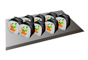 sushi and rolls on the stand portion rice red fish