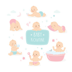 Set of cute little babies in different poses. Cartoon infant children isolated on white background. Child day routine.