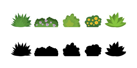 Set of cartoon bushes in flat style. Collection green plants and black silhouettes, isolated on white background. © naum