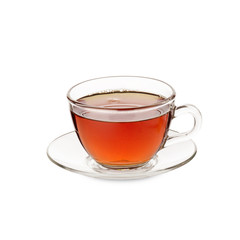 Tea Cup and glass saucer with black made liquid tea isolated on white background