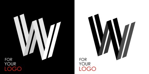 Isometric letter W. From stripes, lines. Template for creating logos, emblems, monograms. Black and white options. 3D art symbol. Vector