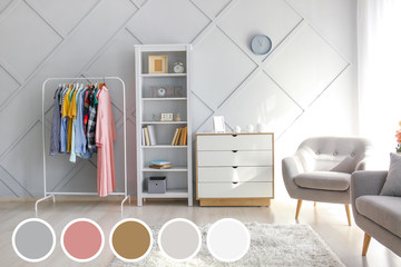 Stylish interior of modern dressing room. Different color patterns