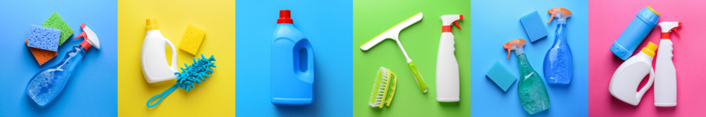 Set of cleaning supplies on colorful background