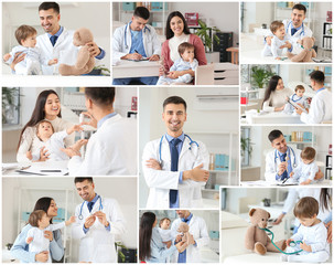 Obraz na płótnie Canvas Collage of photos with pediatrician and mother with little baby in clinic
