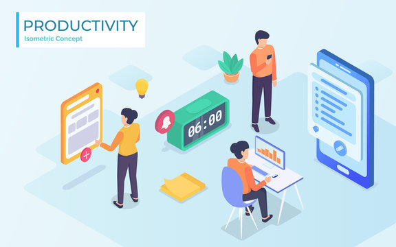 productivity tools apps online with team people working together with modern isometric style