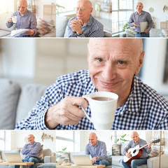 Collage of photos with elderly man resting at home