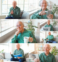 Collage of photos with elderly man resting at home