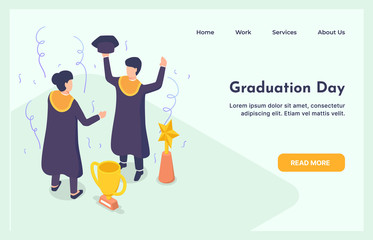 Graduating Students with Diploma Man and Woman Characters Graduation Education Concept with isometric modern style